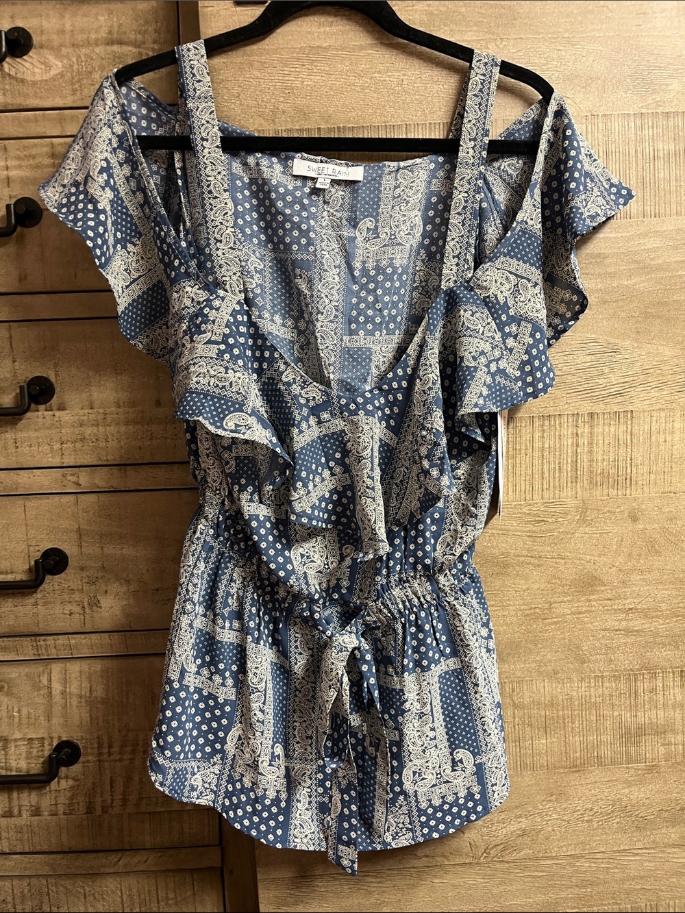 Sweet Rain Navy and Cream Paisley Ruffle Romper